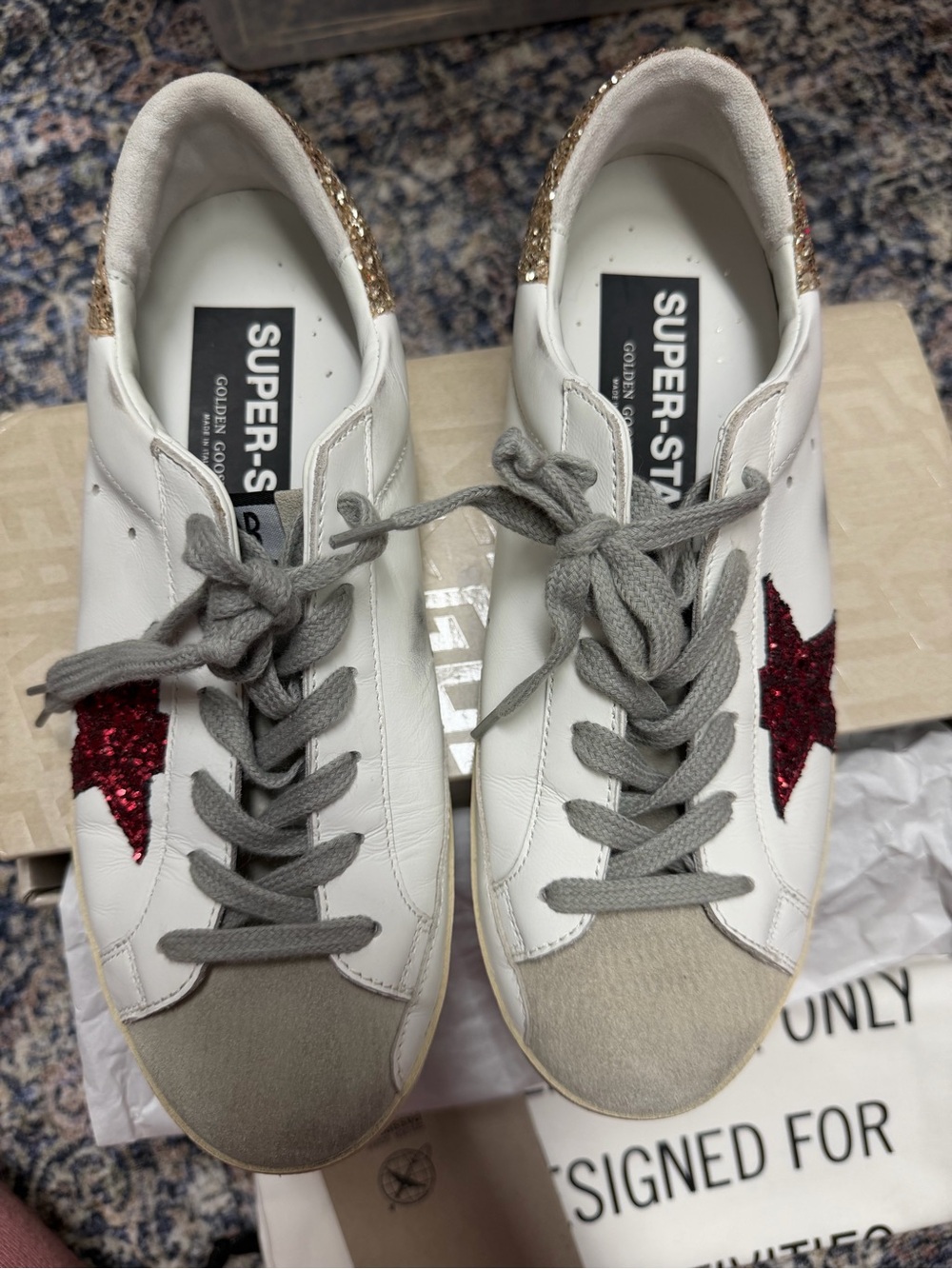 Golden Goose White Leather Sneakers with Red Glitter Star and Gold Heel